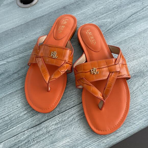 Lauren Ralph Lauren Shoes - Ralph Lauren LRL ROSALIND Leather Thong Sandal Size 8 Orange Croc Embossed EUC